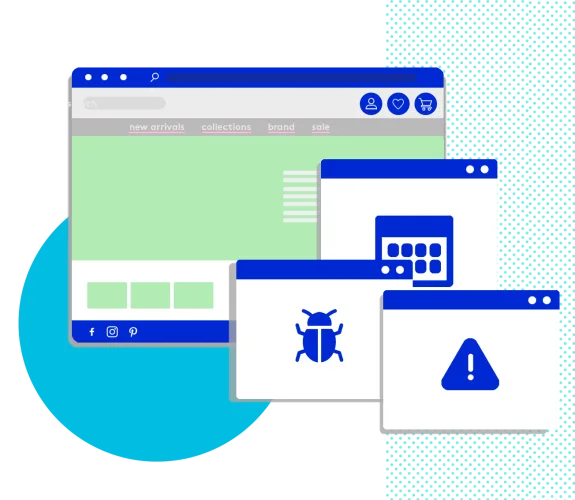 Illustration of a website with bug and error windows open.