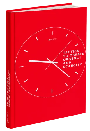 Red book cover with clock design titled 'Tactics to Create Urgency and Scarcity'