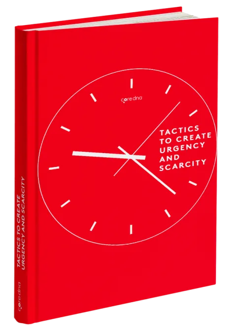 Red book cover with clock design titled 'Tactics to Create Urgency and Scarcity'