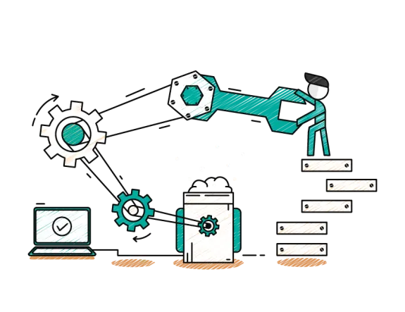 Digital illustration of gears, wrench, and process flow with character on stairs.