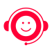 Red smiley face with headphones icon on white background