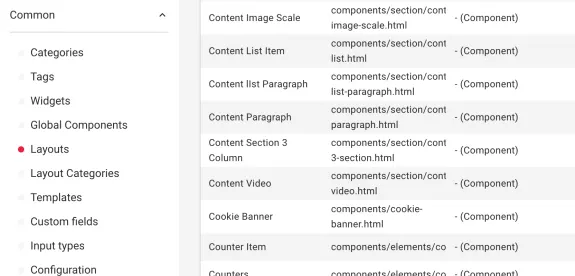 CMS sidebar showing layout options and components list.