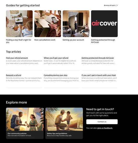 Airbnb webpage showing guides, top articles, and explore more sections.