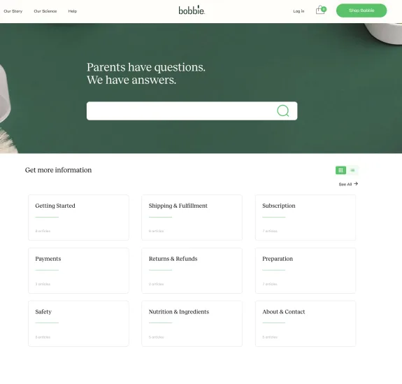 Bobbie website help center page with search bar and category links.