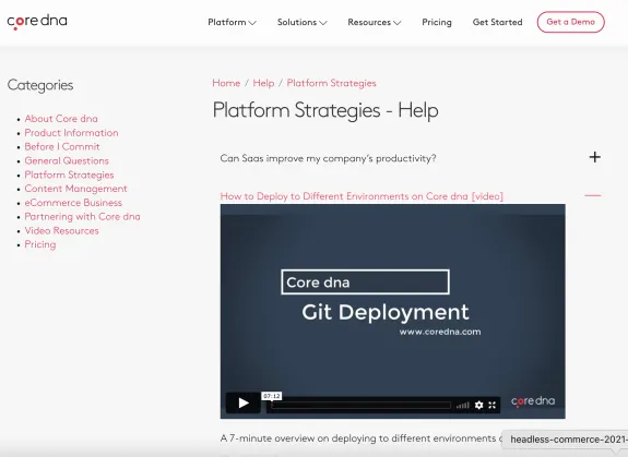Core dna platform strategies help page with git deployment video.