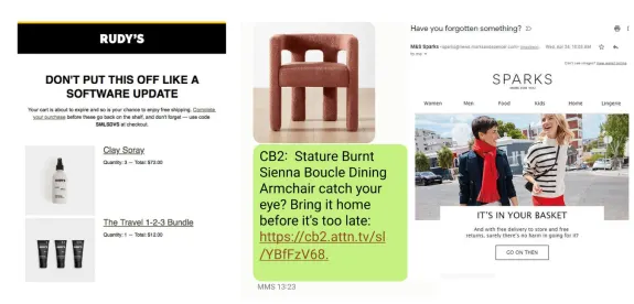 Collage of shopping cart reminder ads including Rudy's, CB2 chair, and Sparks.